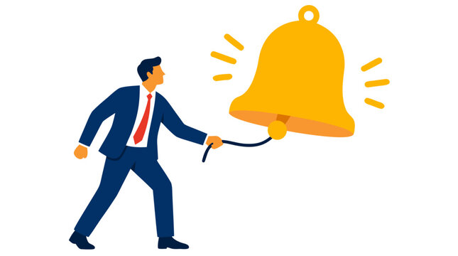 Businessman ringing giant yellow notification bell with rope, marketing reminder concept, flat cartoon vector illustration with bold colors on clean white background for advertising and alerts
