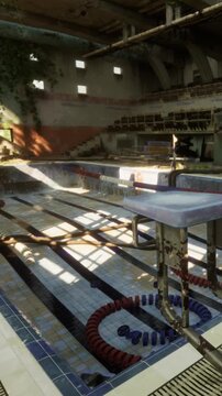 The scene shows an abandoned swimming pool with a diving board and empty lanes. Sunlight comes through the windows, casting shadows on the floor and surroundings.