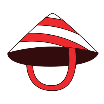 Red and White Striped Conical Asian Straw Hat Illustration