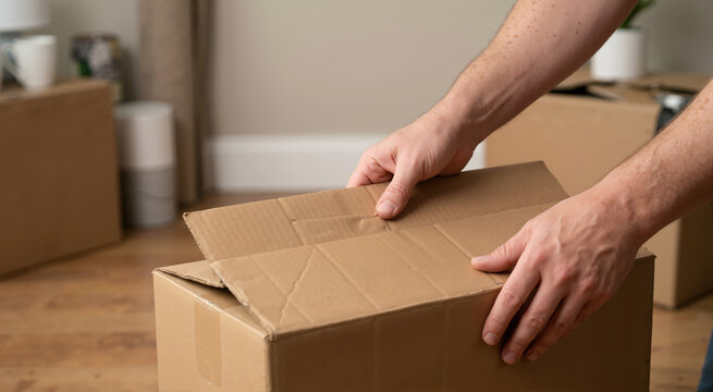 Hands folding the flaps of a brown cardboard box. Packing and moving relocation concept. Household storage preparation