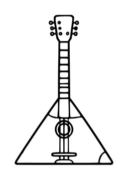Hand traced black and white line vector illustration of a balalaika Russian triangular stringed musical instrument icon isolated on white background