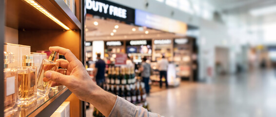 Fototapeta premium Hand selecting perfume bottle in duty-free retail shop with blurred background shoppers and products