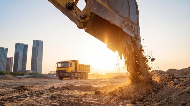 Excavator bucket dumping soil at a city construction site during sunset