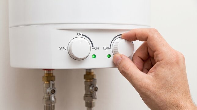 Hand adjusting the temperature dial on a white electric water heater