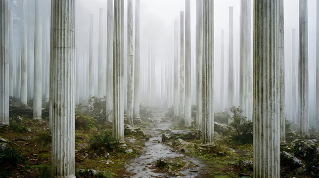 Ethereal forest of tall fluted white architectural columns rising from a mossy ground in dense fog, isolated on transparent background, surreal fantasy landscape.
