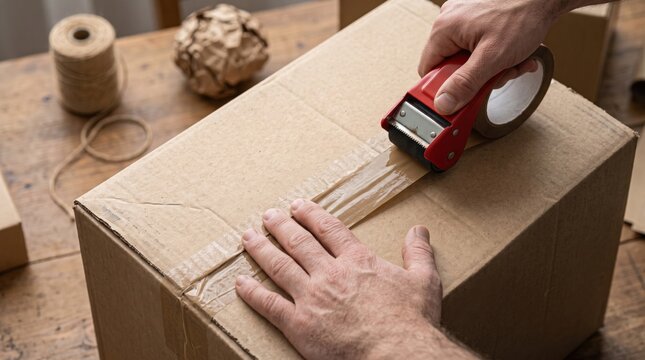 A man carefully sealing a cardboard box with adhesive tape for shipping