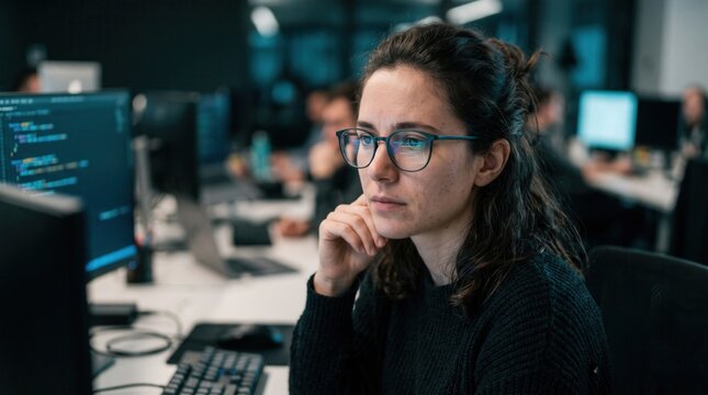 A focused woman programmer working on code in an office