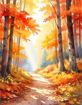 Vibrant Autumn Forest Path with Falling Leaves