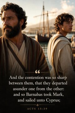 Acts 15:39 Bible Verse Poster Depicting Contention and Separation of Barnabas and Mark, Sailing to Cyprus in an Ancient World Setting.