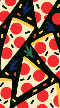 Colorful pizza pattern illustration featuring slices with pepperoni and toppings.