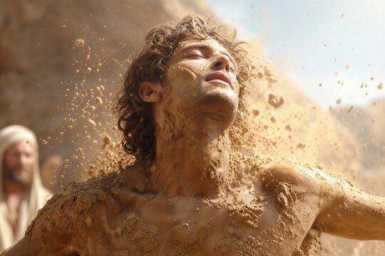 Adam formed from the dust of the ground in a dynamic, climactic moment of divine creation in the Ancient Near East.