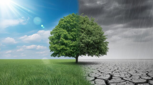 Climate change concept with green tree on split landscape of fertile ground and arid desert