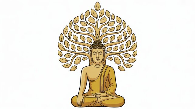 Buddha meditating under a Bodhi tree in bhumisparsha mudra illustration, isolated on white background