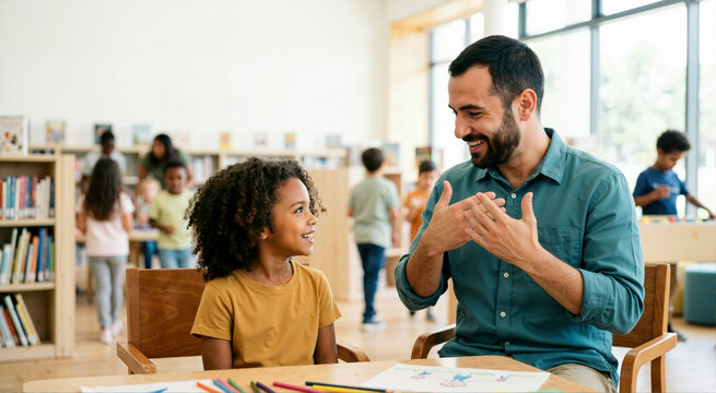 Deaf man using sign language with a young girl in a classroom. Smiling teacher communicating with a student at a table with crayons