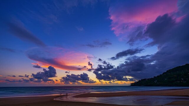 Time lapse sky turns yellow to orange and red over the sea.
The sun rays cast a warm glow on the landscape. The horizon is painted in hues of red and purple. The sky is ablaze with color