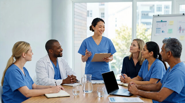 Smiling female nurse leading a medical team meeting in a hospital. Diverse group of doctors and nurses collaborating around a conference table. Healthcare and teamwork concept