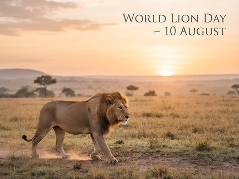 Male lion walking in african savanna for world lion day