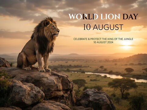 Majestic lion sitting on a rock at sunset for world lion day