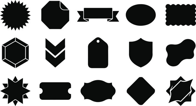 Set of various black silhouette shapes for badges labels tags and stickers on a white background