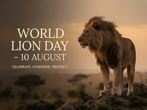 World lion day poster with majestic lion in savannah