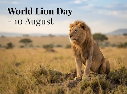 Majestic lion standing in african savanna on world lion day