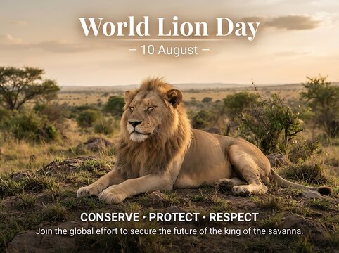 World lion day poster with a male lion in the african savanna