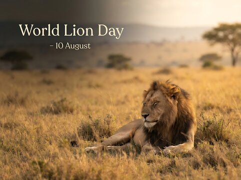 Majestic male lion resting on savanna for world lion day