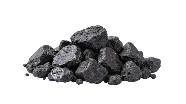 Pile of black coal pieces isolated on white background, conceptual industrial energy resource