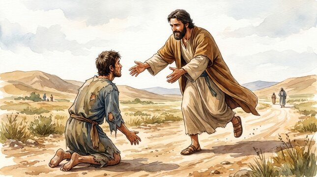 Father running to embrace his ragged prodigal son. Watercolor illustration of the biblical parable of forgiveness and love