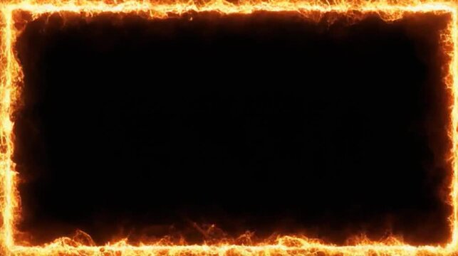 Fiery rectangular frames animate with glowing embers against a dark background