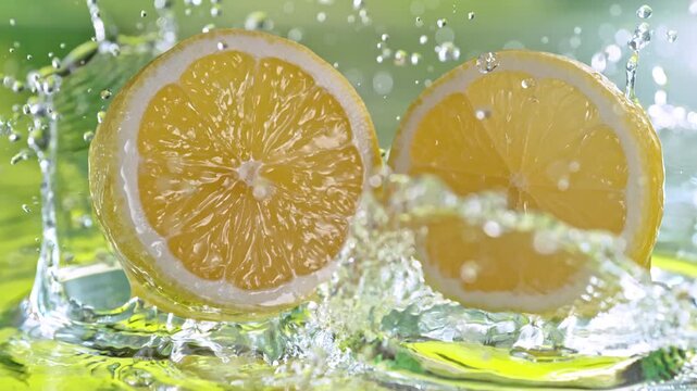 Super Slow Motion Shot of Fresh Lemon Falling into Water and Making Splash at 1000fps.