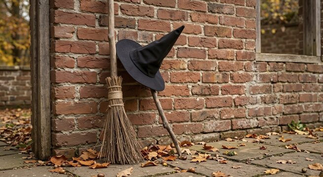 Classic witch broomstick and black pointed hat leaning against a red brick wall. Traditional Halloween theme with autumn leaves on stone pavement