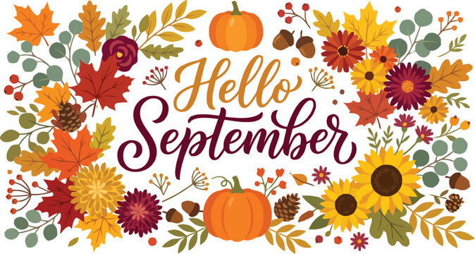 Hello September autumn greeting vector, fall floral frame with pumpkins and sunflowers, seasonal foliage background for harvest celebrations