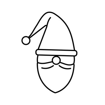 Santa Claus face line art icon isolated on white background. Minimalist black outline of Christmas gnome head with beard and hat for kids coloring page, festive card, winter decor. Vector illustration