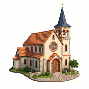 Petite &eacute;glise traditionnelle avec clocher et vitraux en illustration 3D