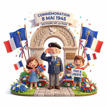 Comm&eacute;moration du 8 Mai 1945 avec ancien combattant et enfants