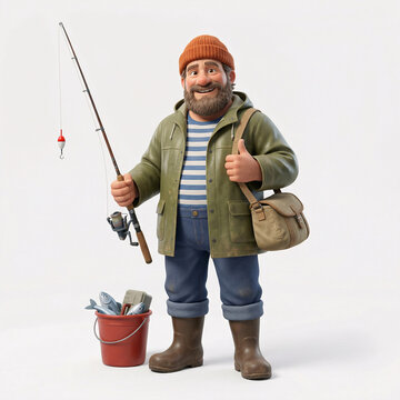 P&ecirc;cheur souriant avec canne &agrave; p&ecirc;che et seau en illustration 3D