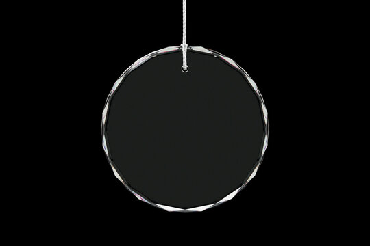 Round Crystal Glass Ornament Hanging on Silver Thread Against Black Background. 3d rendering