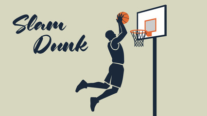Flat vector illustration of a basketball player performing a powerful slam dunk. Perfect for basketball tournaments, sports clubs, athletic events, championship promotions, and fitness branding. © Tamar