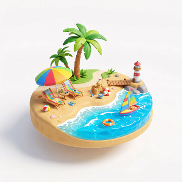 &Icirc;le de vacances miniature avec plage tropicale, phare et voilier en illustration 3D