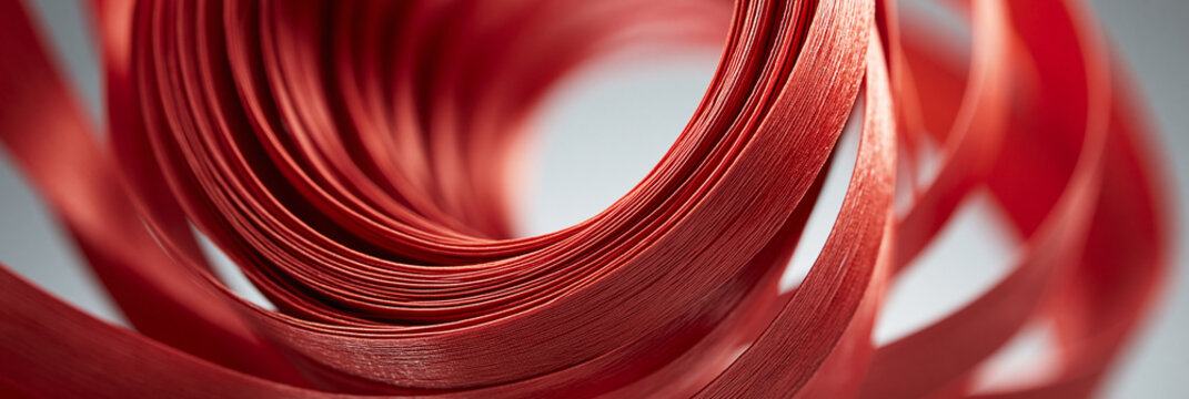 Close-up of vibrant red ribbon spiraling in an artistic composition.