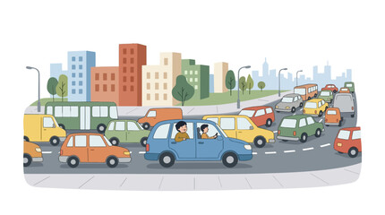 Fototapeta premium Illustration showing a family car stuck in morning traffic, a child looking out the window, simplified urban setting, isolated on a white background.