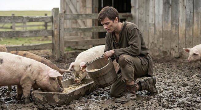 Miserable young man in ragged clothes kneeling in mud feeding pigs. Biblical parable of the prodigal son concept