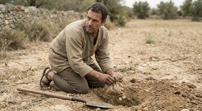 Anxious man in historical clothing burying bag of gold coins in dirt hole. Biblical parable of the talents concept