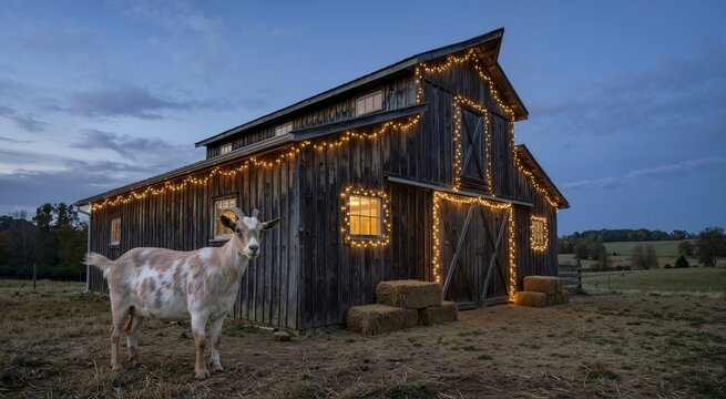 Brown and white goat standing in a field near a wooden barn at dusk. Traditional farm building decorated with glowing string lights. Year of the goat