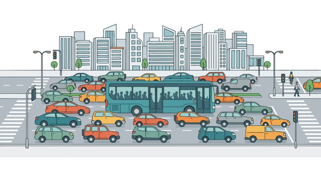 Illustration showing a crowded bus surrounded by cars on a congested avenue; simple lines, organized composition, isolated on a white background.