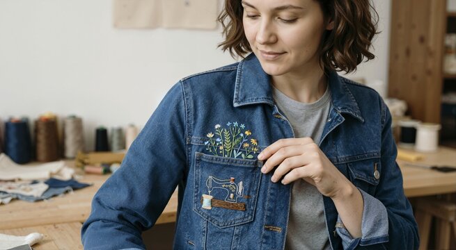 Woman wearing denim jacket with custom embroidered pockets. Female showing floral and sewing machine needlework. Handmade upcycled fashion craft