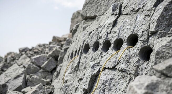 Row of cylindrical blasting holes drilled into a solid rock face. Yellow detonation cords emerging from stone prepared for controlled explosion in a quarry