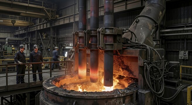 Two industrial workers observing an active electric arc furnace in a steel mill. Men in hard hats and safety glasses standing on a platform near melting metal and flames