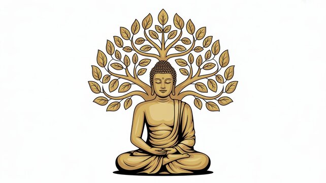 Buddha figure in dhyana mudra meditating under a sacred Bodhi tree illustration, isolated on white background